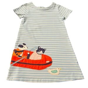 Mini Boden Blue and White Striped Dress With Animals Size 6-7Y